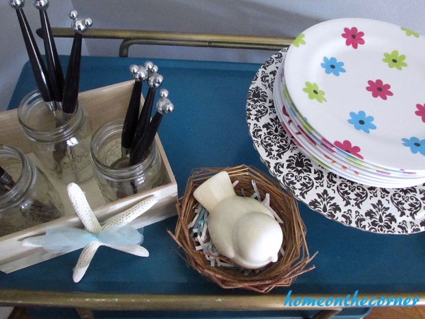 turquoise and white spring tablescape bar cart top