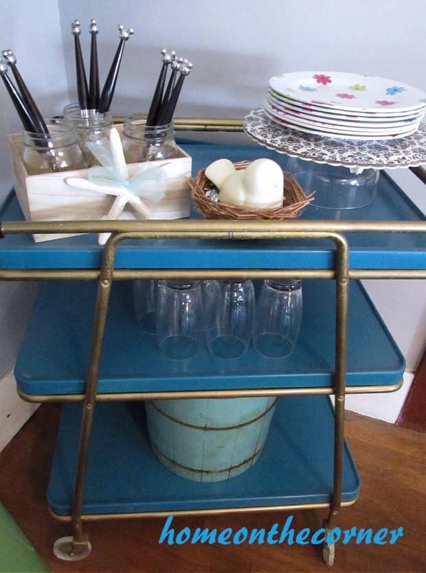 turquoise and white spring tablescape bar cart