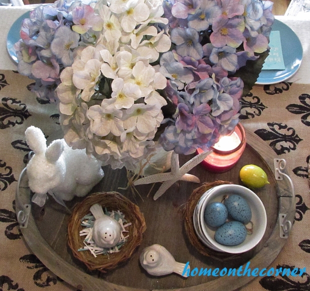turquoise and white spring tablescape centerpiece