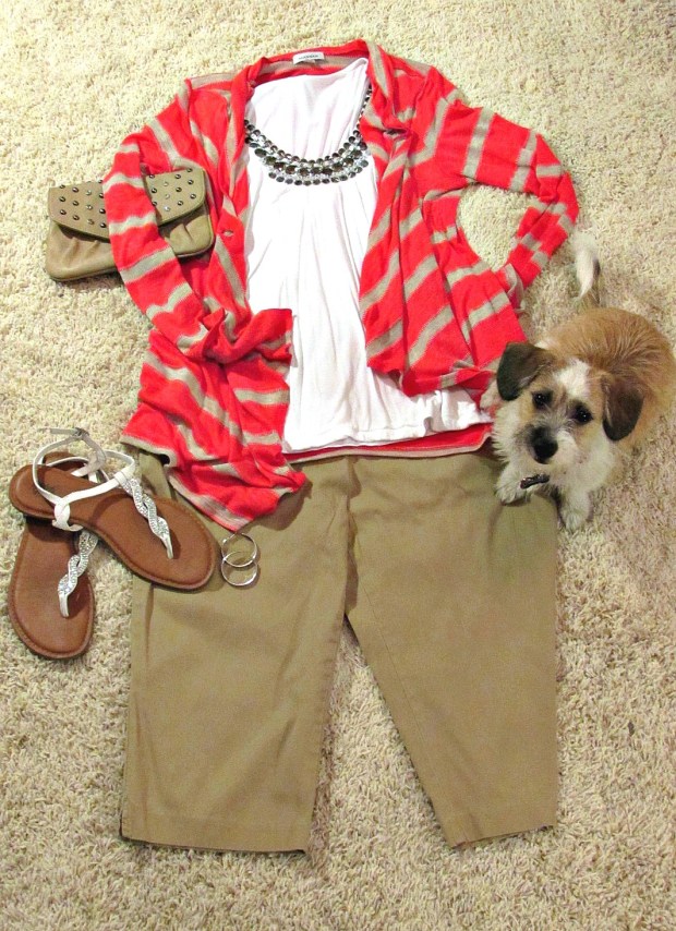 finds and fashions tan capris and coral jacket