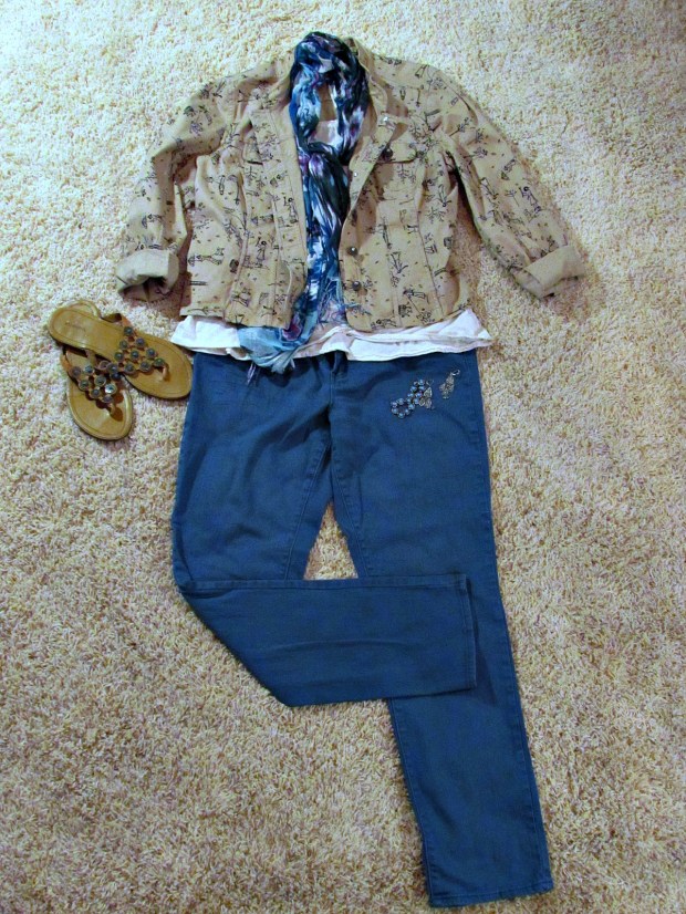 Finds and Fashions Tan Dog Jacket teal jeans
