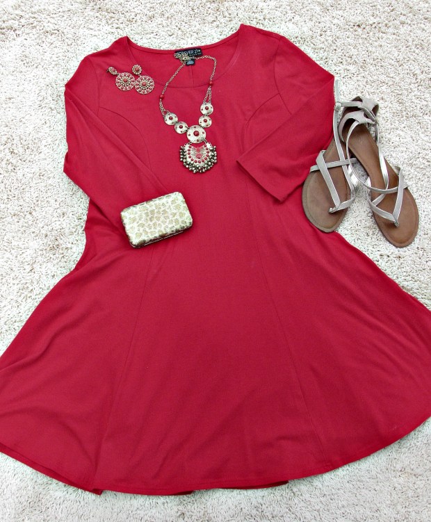 red fashion and finds red dress, jewelry, gold shoes