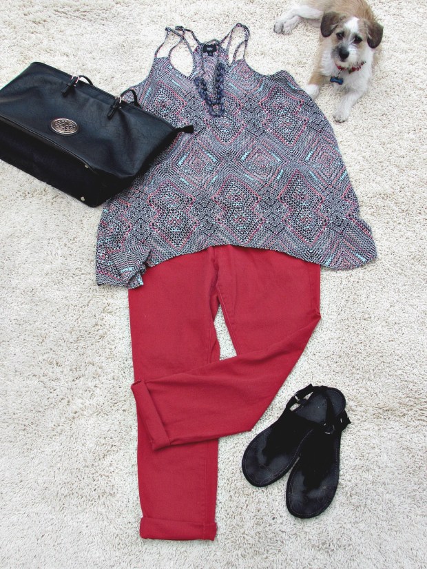red fashions and finds red jeans, print top, black accessories