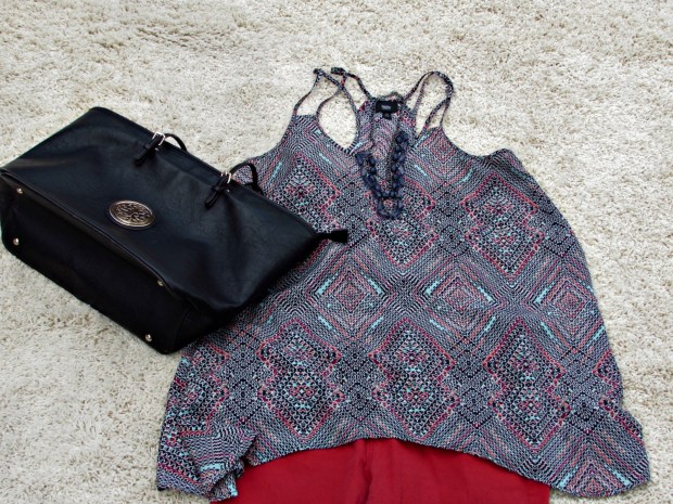 Red fashions and finds, red jeans, print top