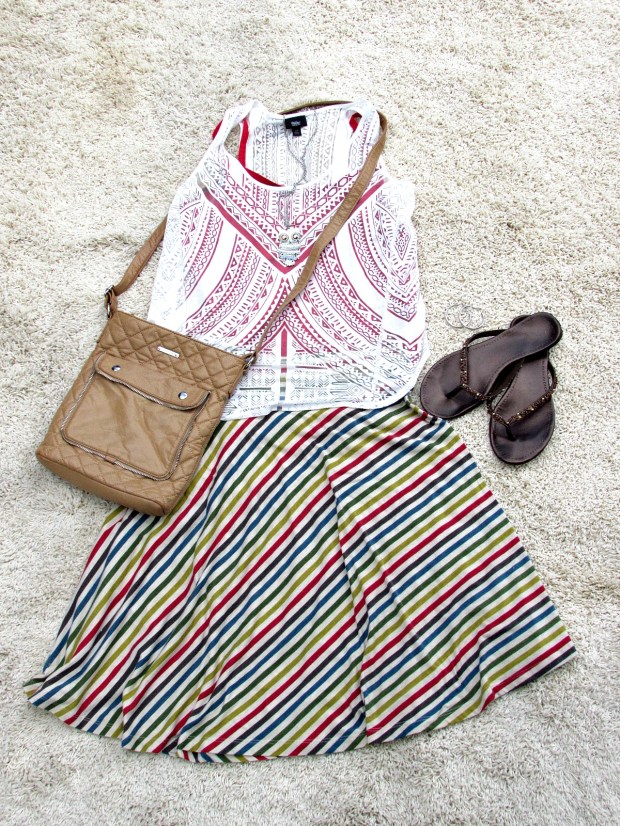 red fashions and finds red striped skirt, white top, red tank