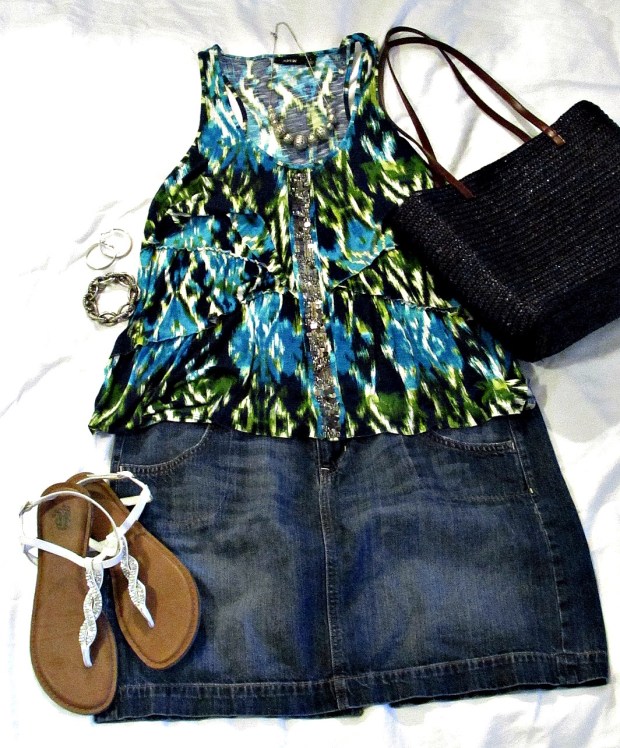 turquoise fashions, denim skirt print top