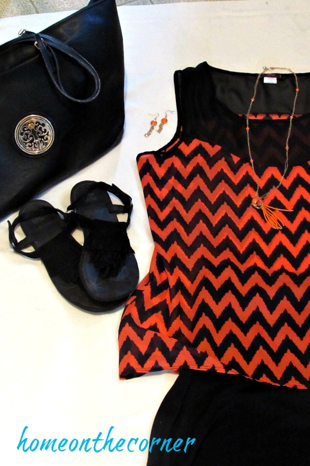 finds and fashions orange chevron top black skirt closeup