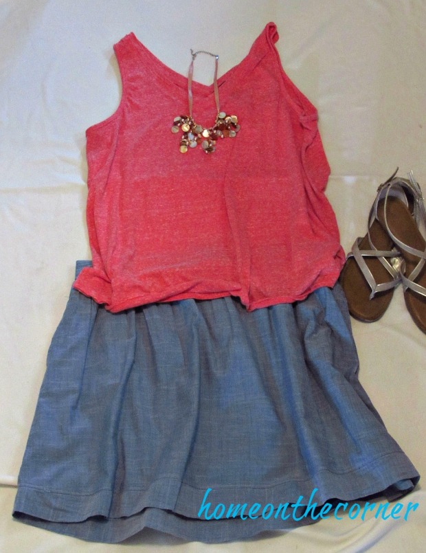 finds and fashions orange top and chambray skirt