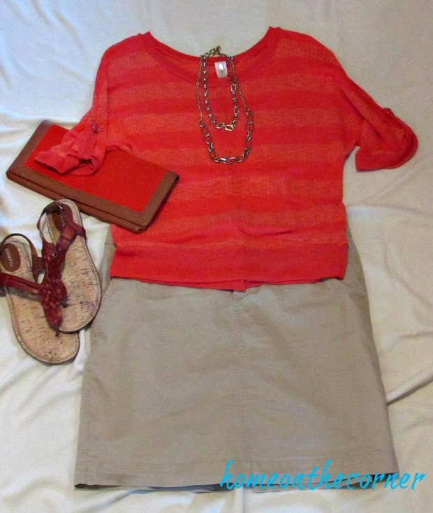 finds and fashions orange top and khaki skirt