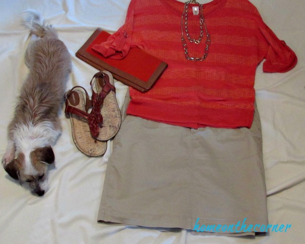 finds and fashions orange top khaki skirt and zoe