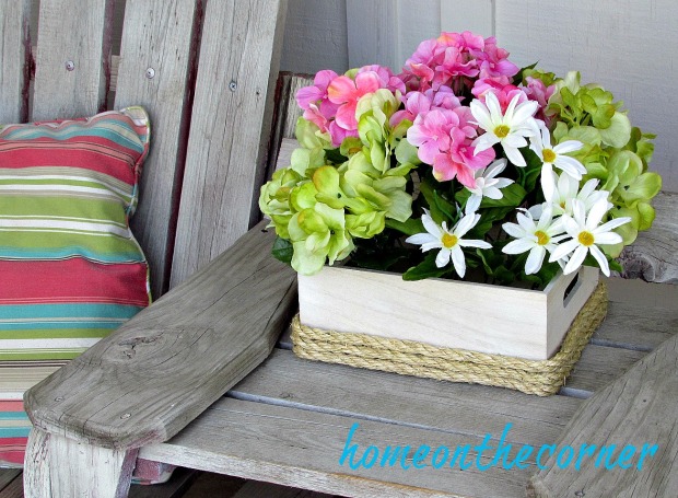 wooden flower box hydrangeas, daisies