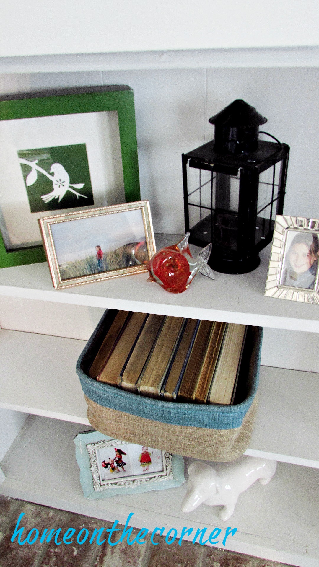 family room shelves, lantern, fish, pictures