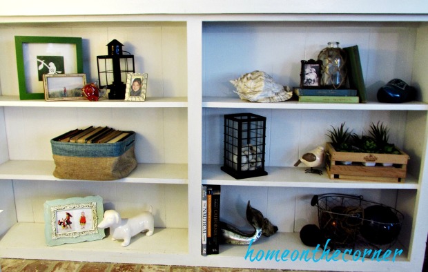 family room styled shelves coastal