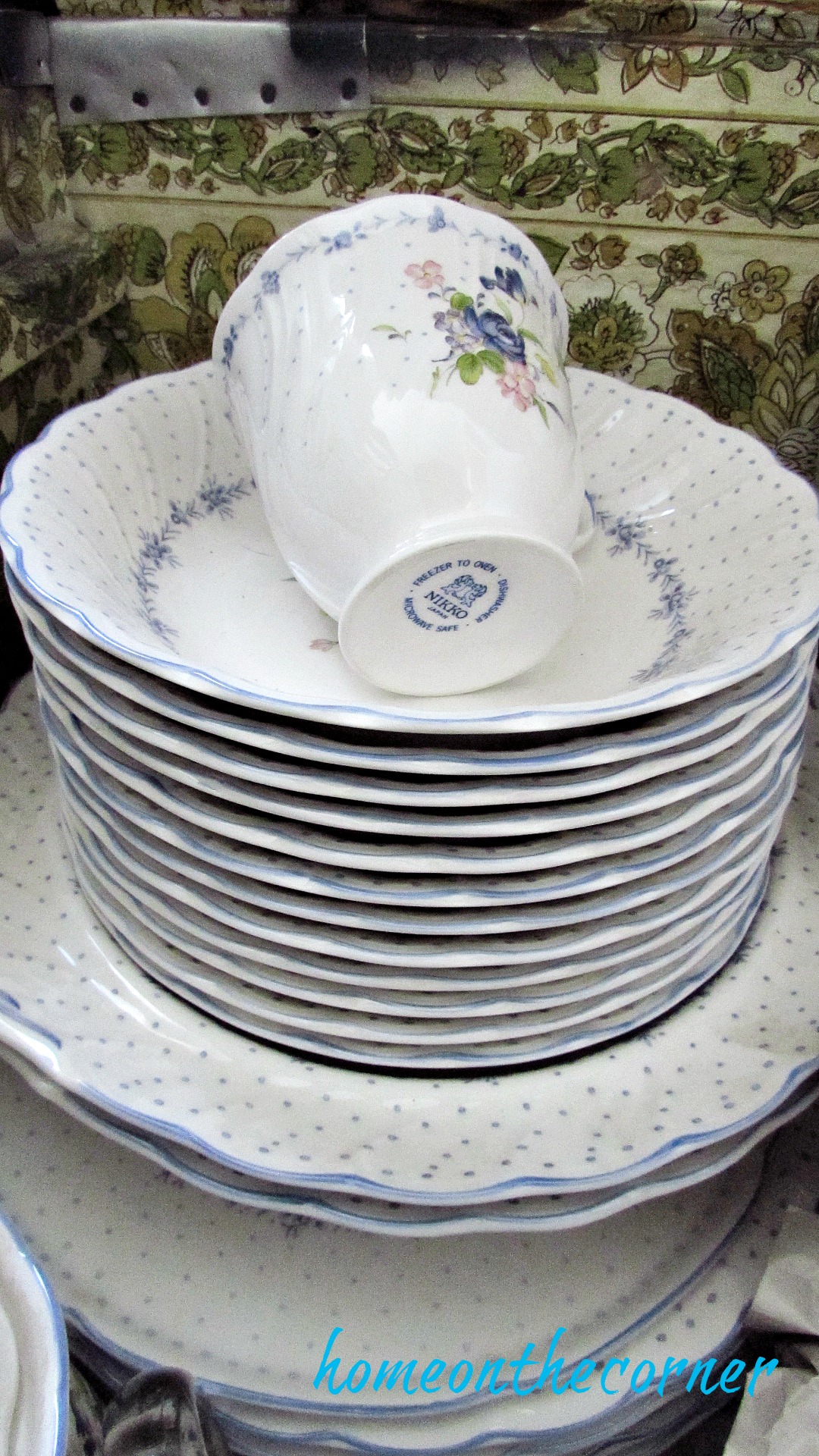 great grandma trunk with blue dishes