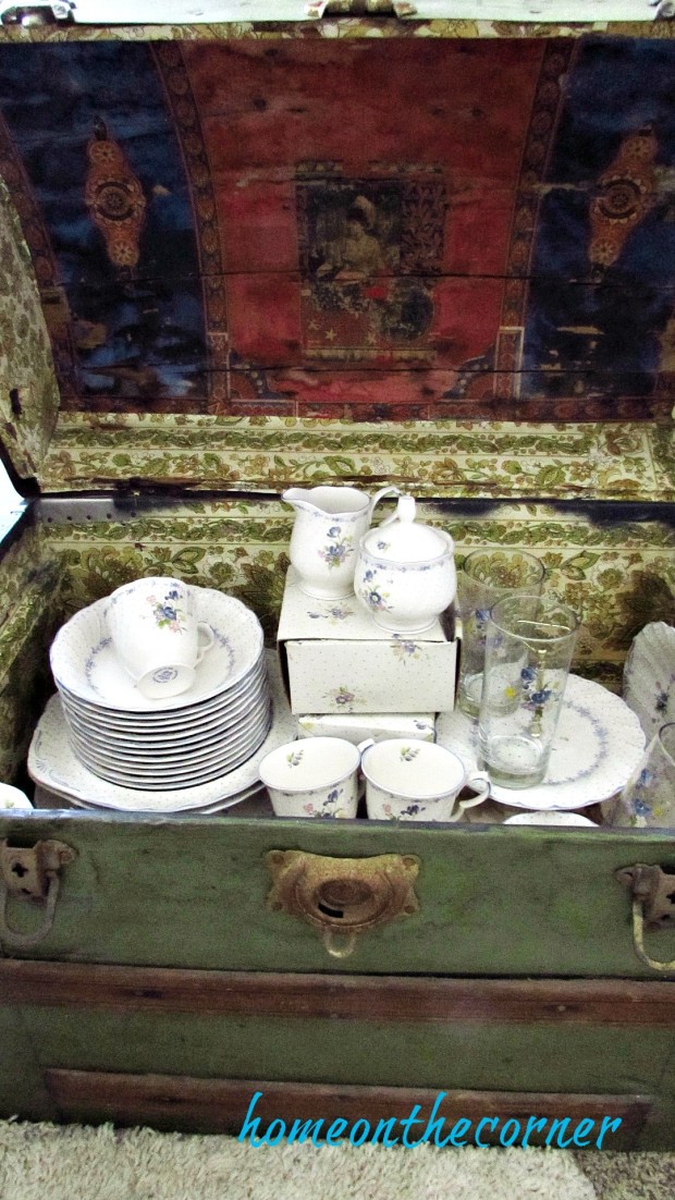 great grandma wooden trunk blue peony dishes