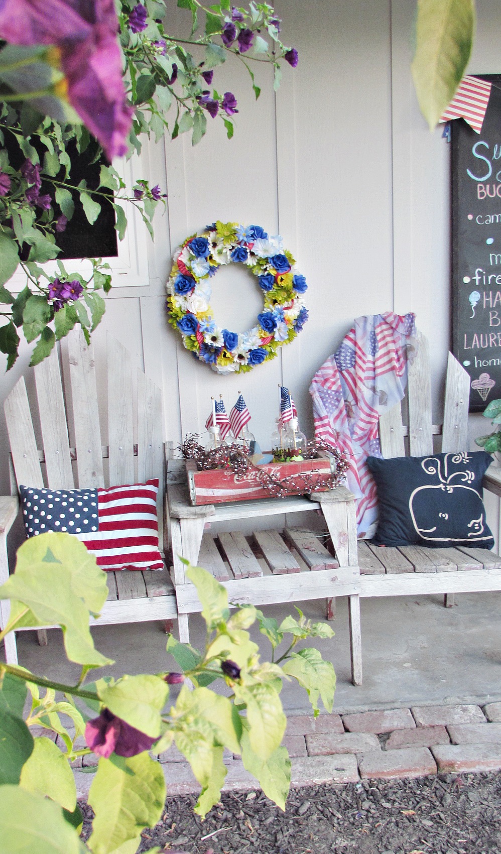 patriotic porch bench flowers