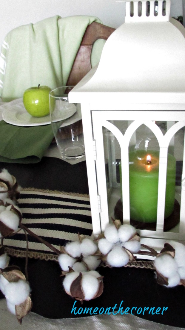 fall dining room green candle lantern, apples