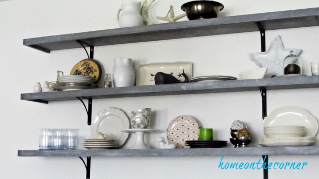 fall dining room shelves with dishes