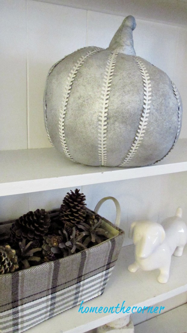 fall family room silver pumpkin pinecones