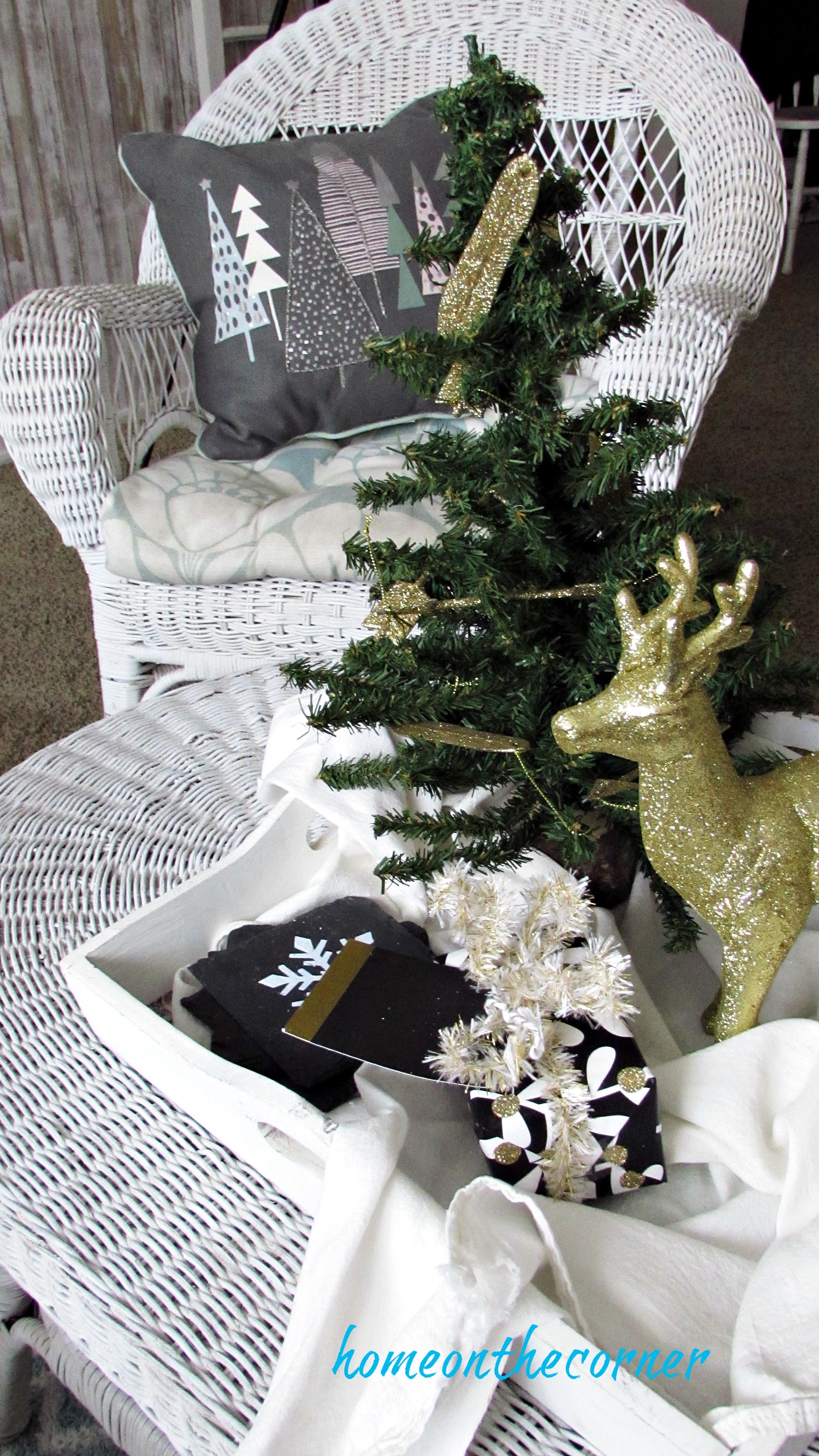 christmas 2017 coffee table vignette gold deer