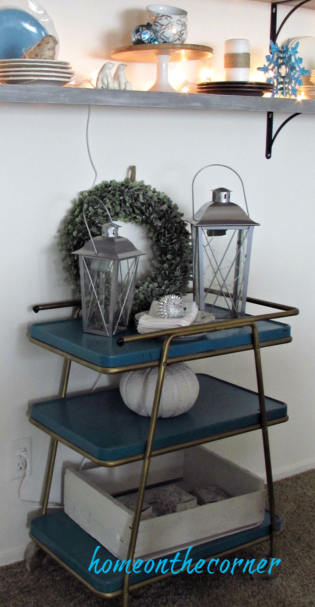 christmas 2017 dining room bar cart lanterns turquoise