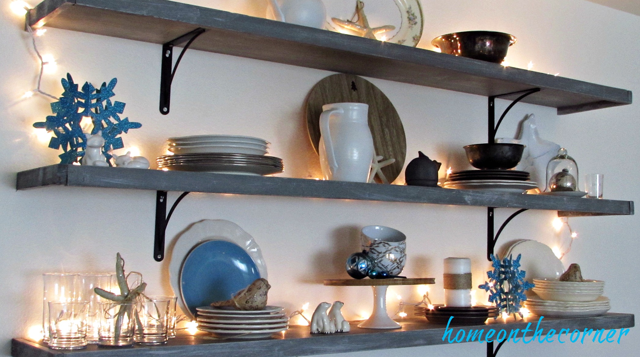 christmas 2017 dining room shelves dishes turquoise and white