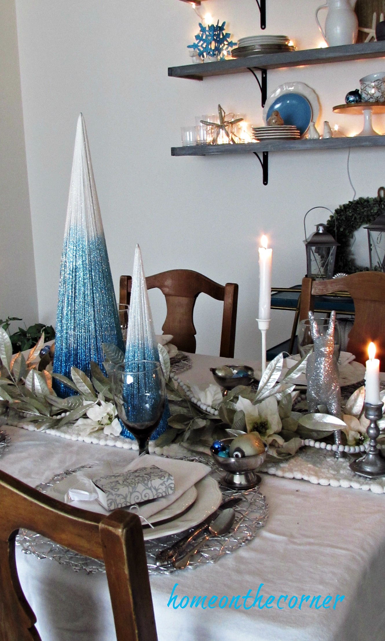 christmas 2017 dining room tablescape turquoise and white silver and gold