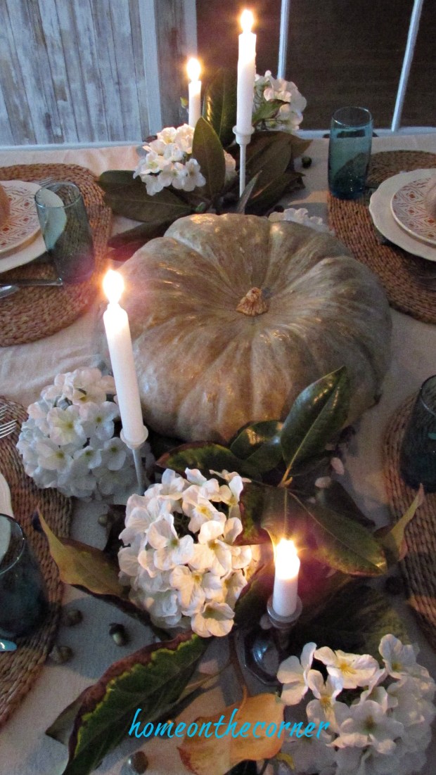 fall tablescape 2017 pumpkin, candles, hydrangeas, magnolia leaves