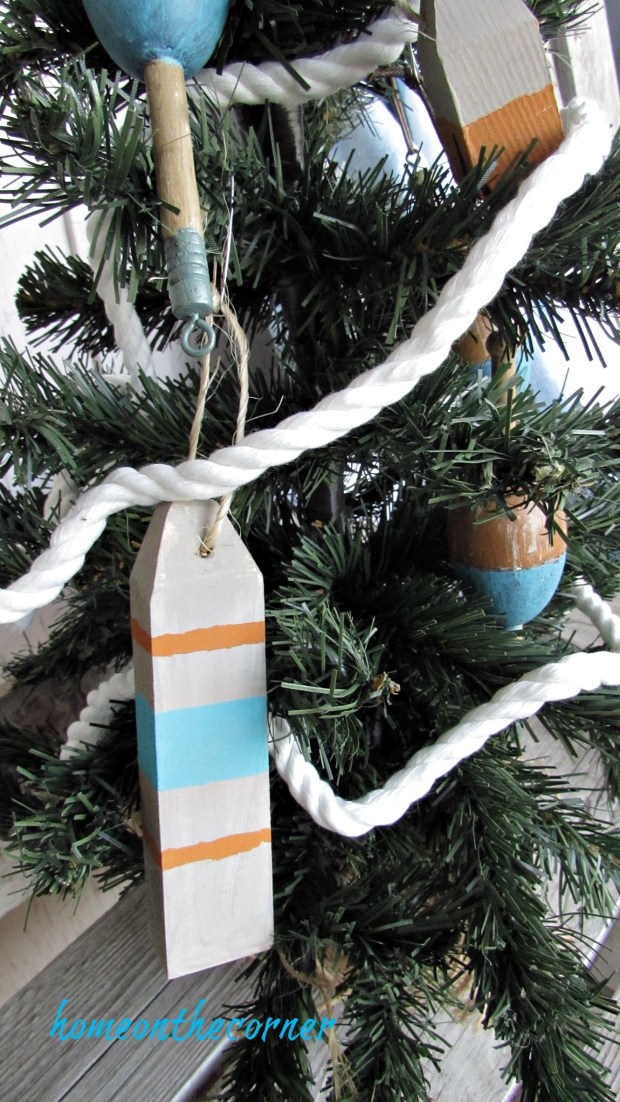 Christmas Wooden Buoy Ornament Turquoise, orange, grey