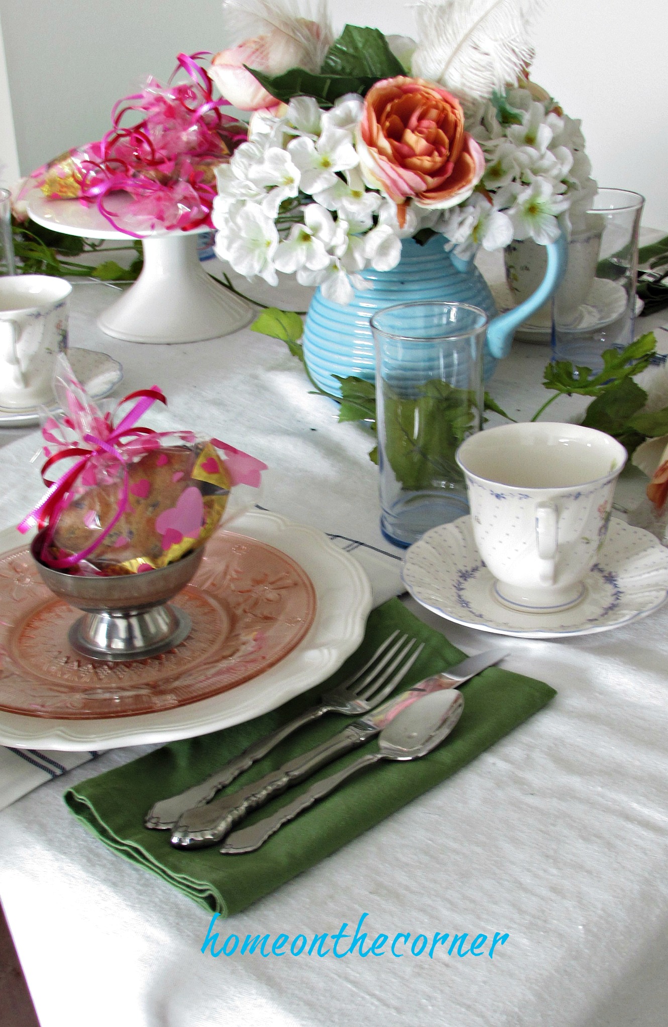 valentine spring tablescape place setting pink blue green
