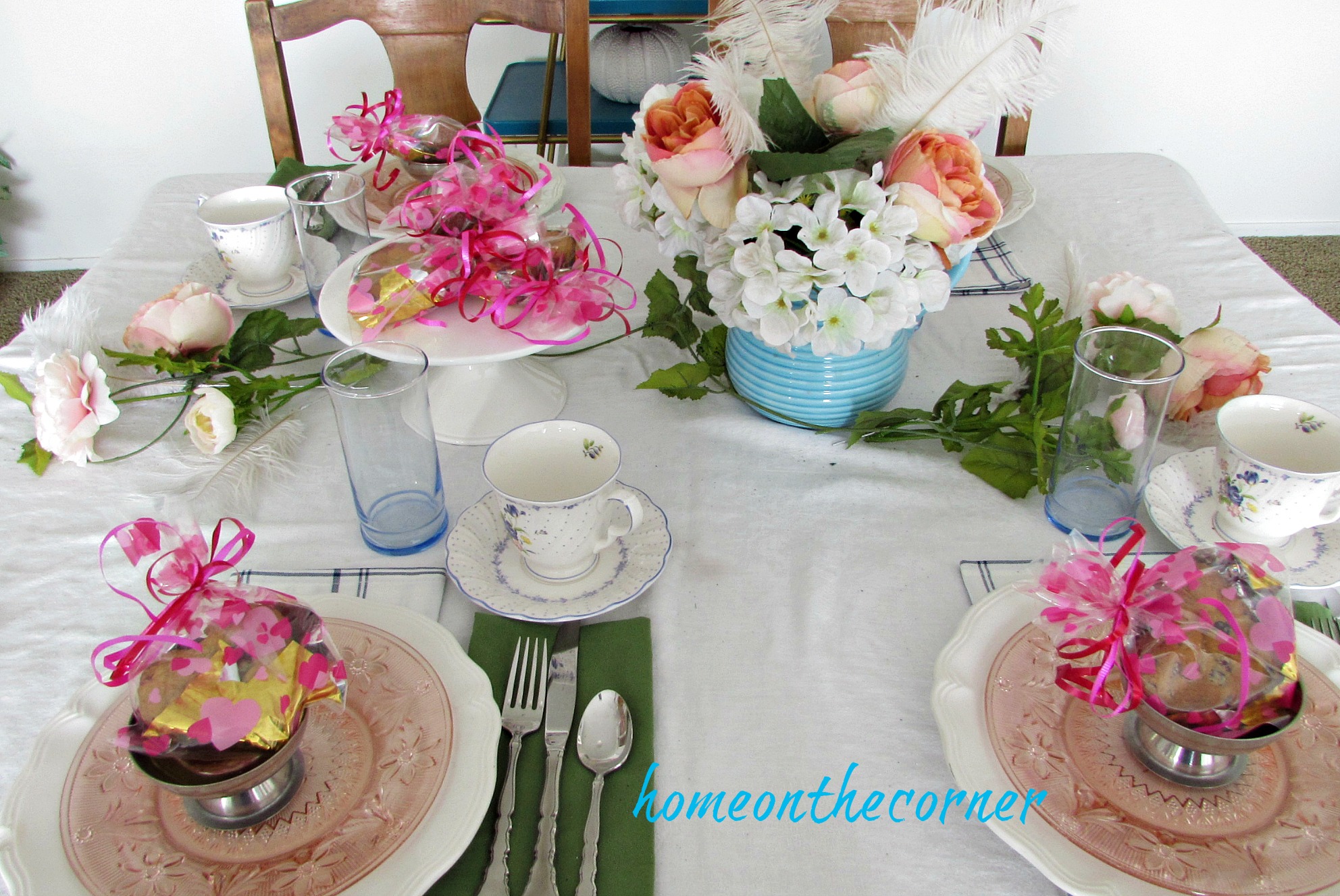 valentinespring tablescape blue peony pink flowers