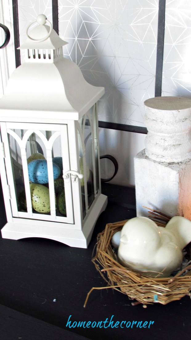 spring entryway lantern eggs, bird nest