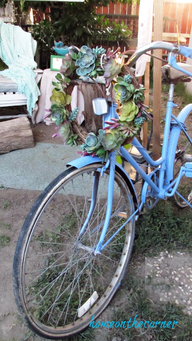 backyard gazebo old blue bicycle succulent wreath
