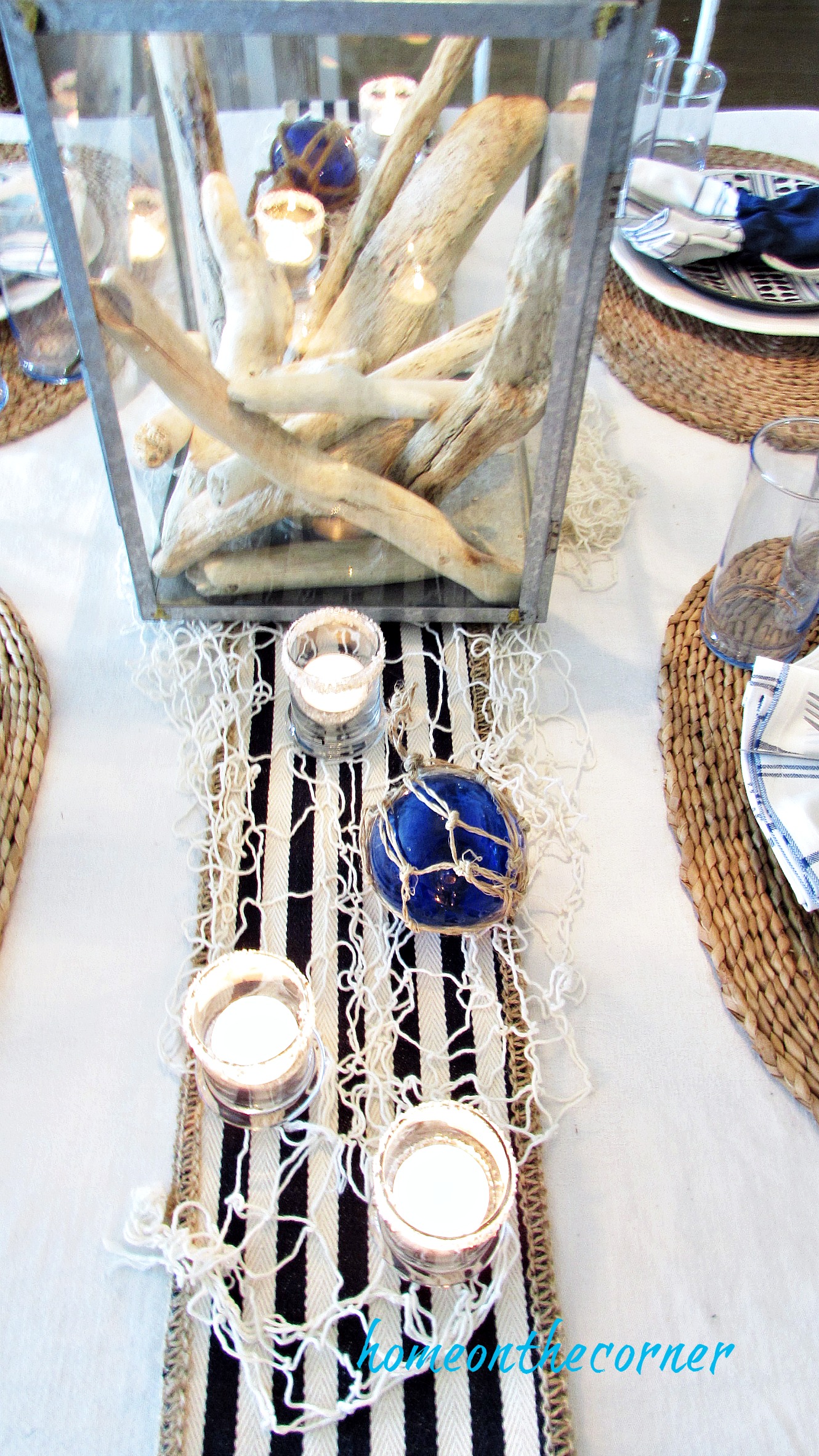 blue and white beach tablescape