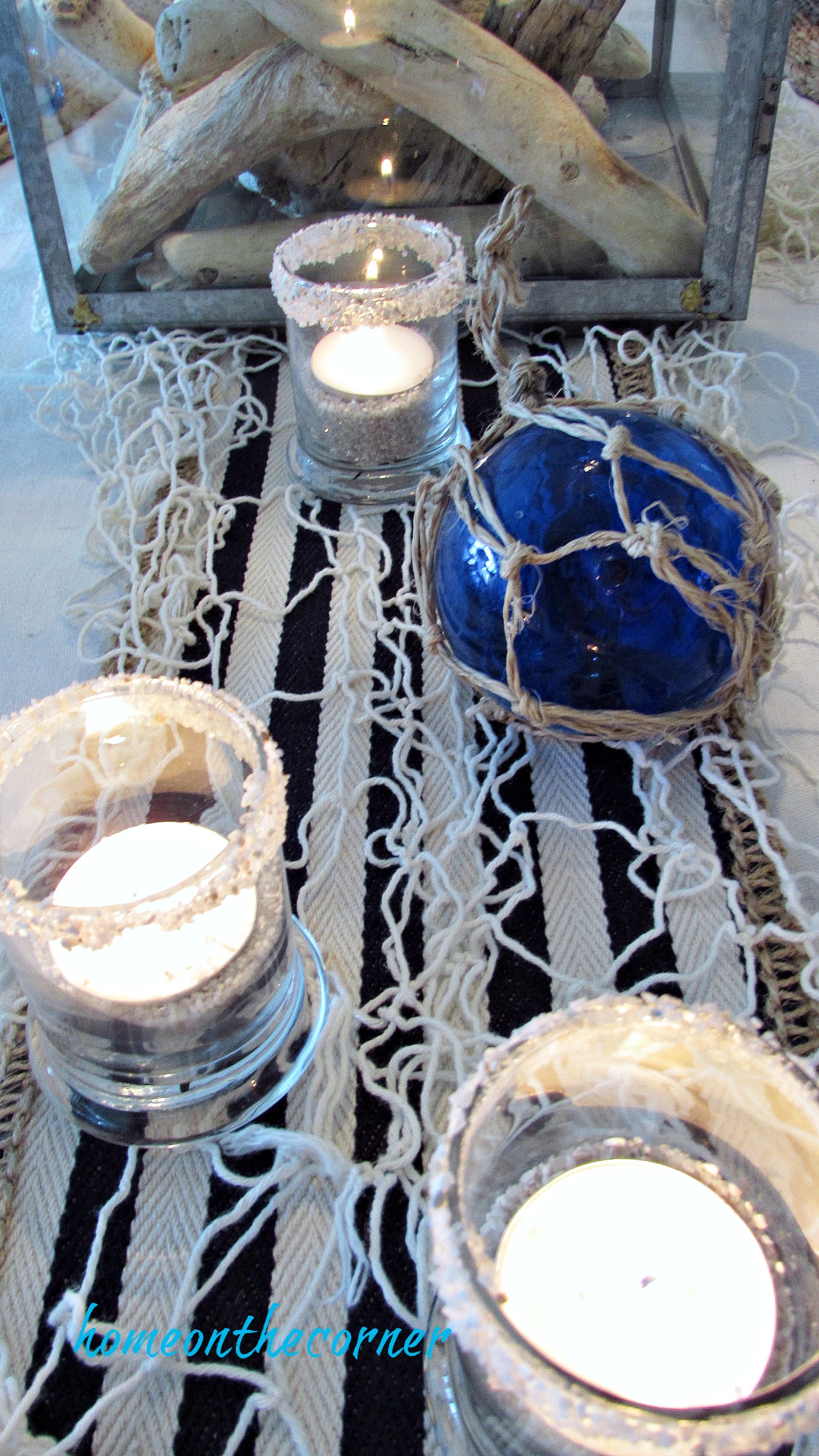 blue and white dining room candles, glass float