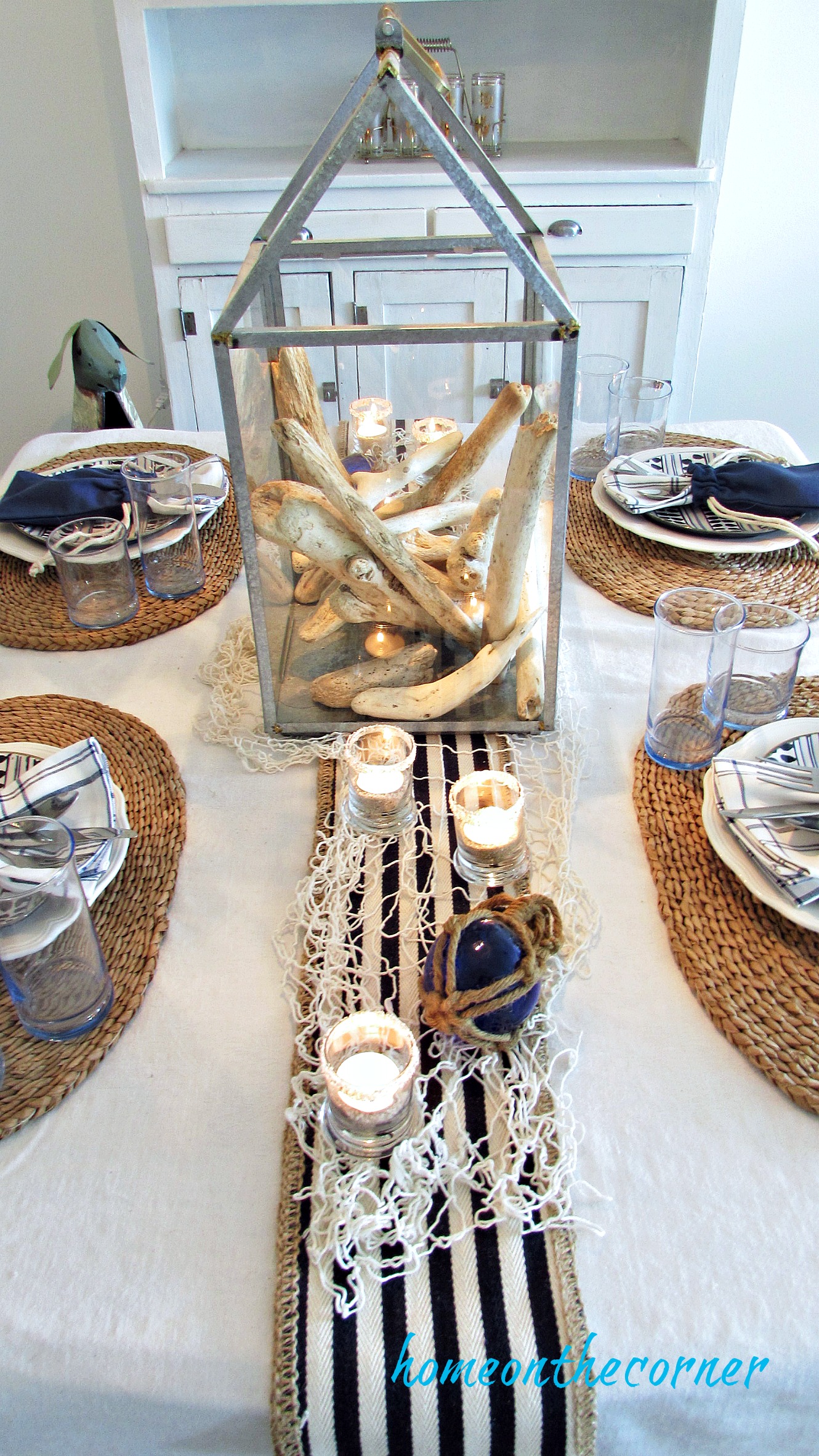 blue and white dining room striped runner and netting