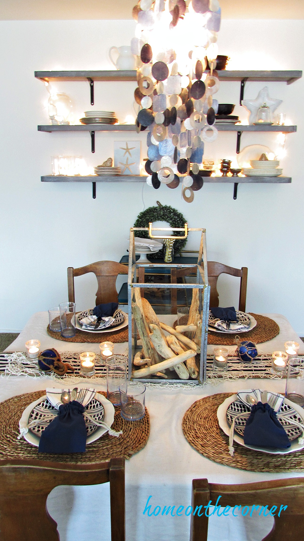 blue and white summer dining room