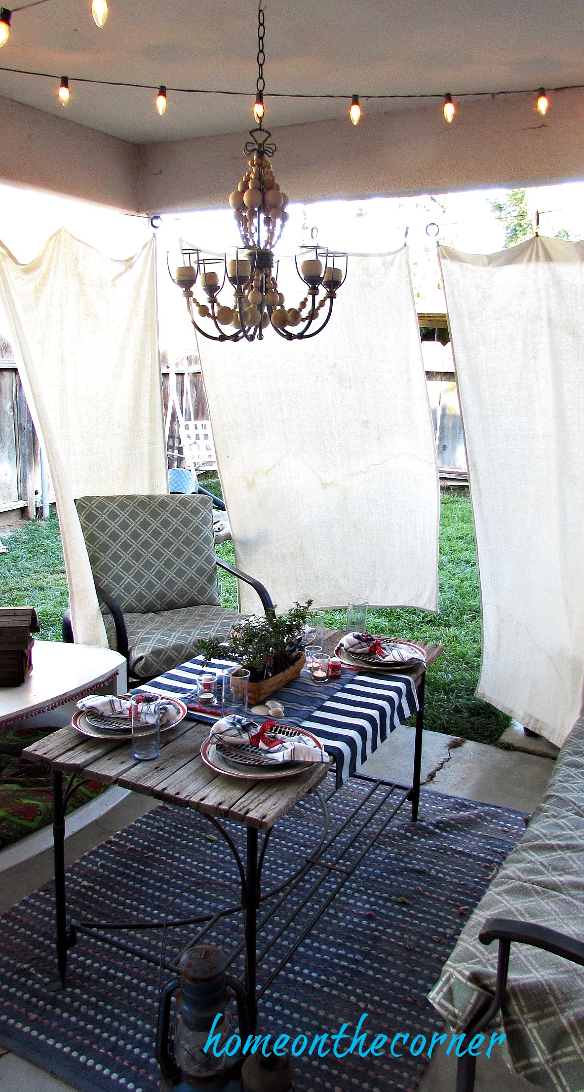 Red, white and blue backyard patio dinner