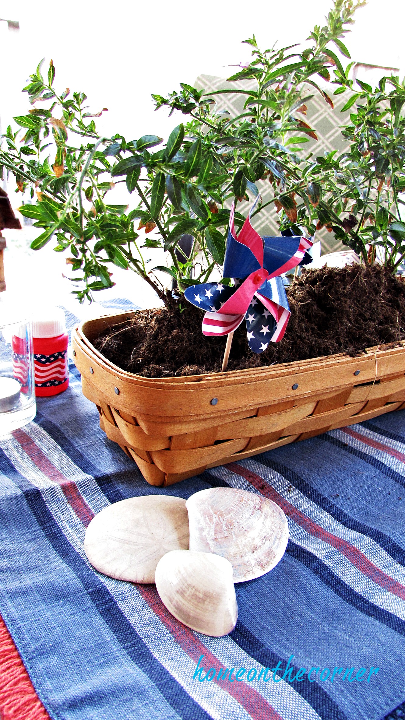 red, white and blue centerpiece and pinwheel