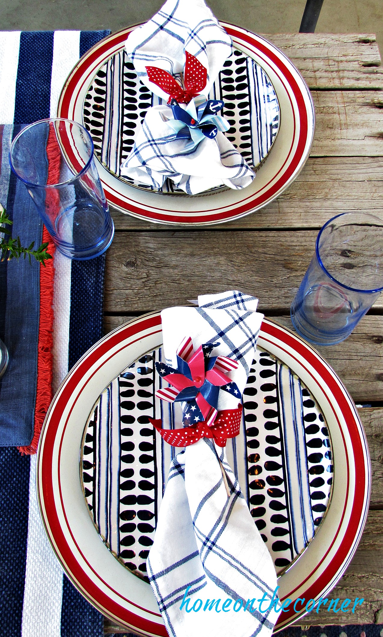 Red, white and blue outdoor table red plates