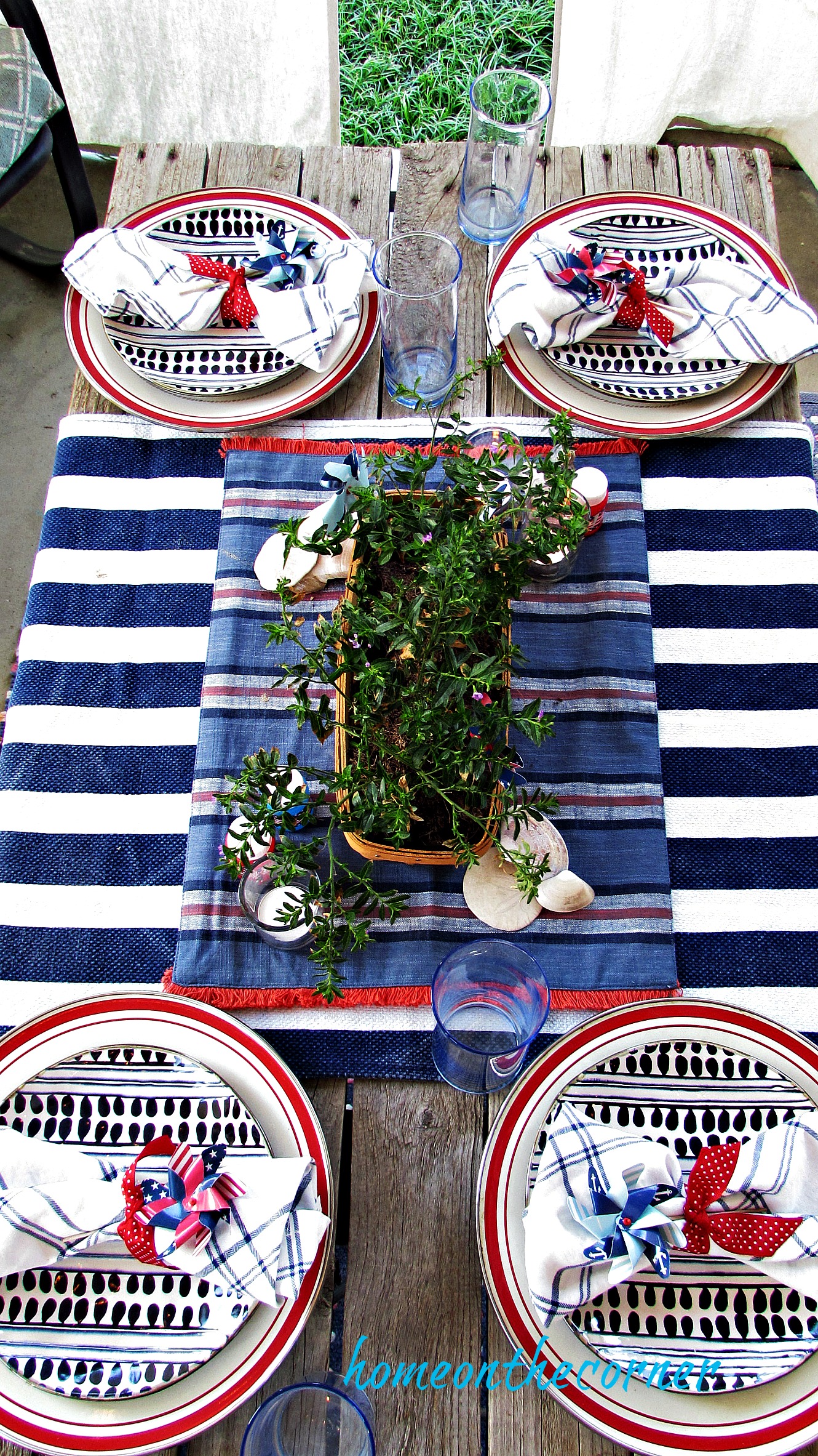 Red, white and blue stripes and dots