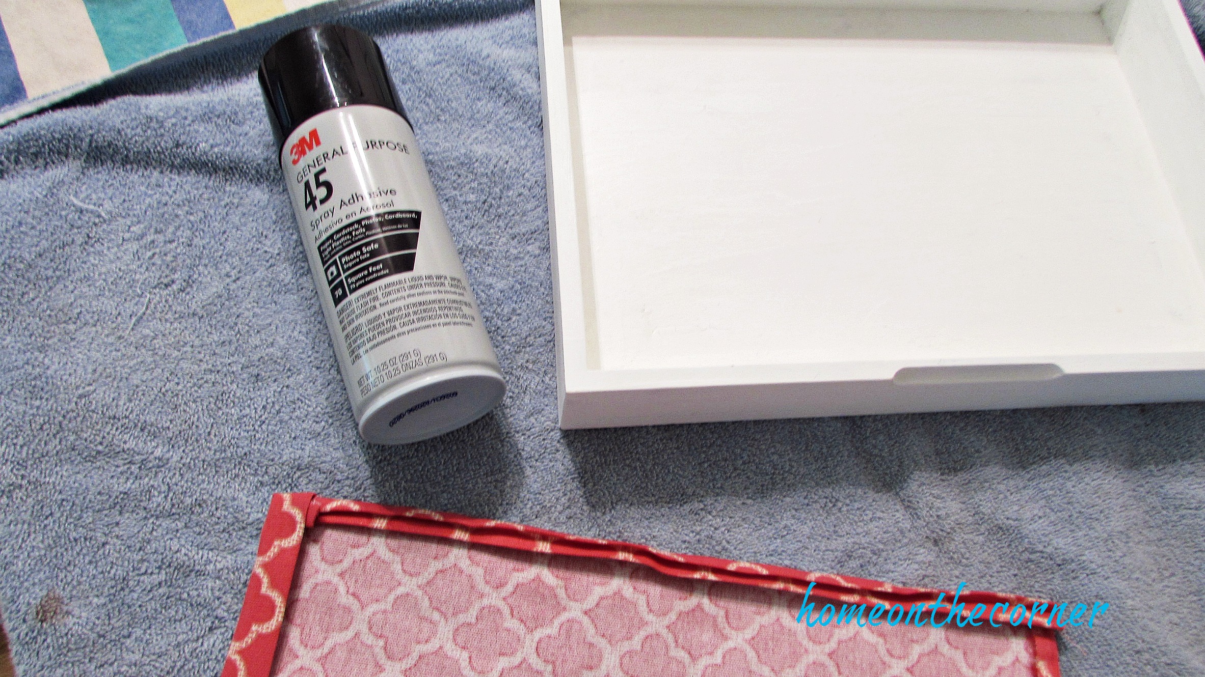 wooden box coral fabric spray glue