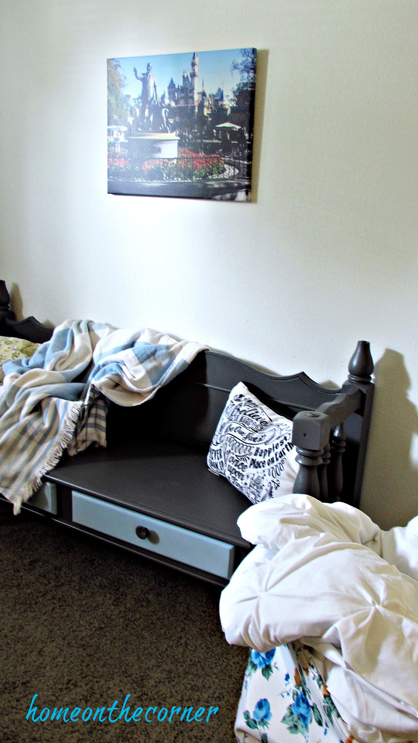 Guest Room Makeover Bench, Canvas on the Cheap, Disney Pillow