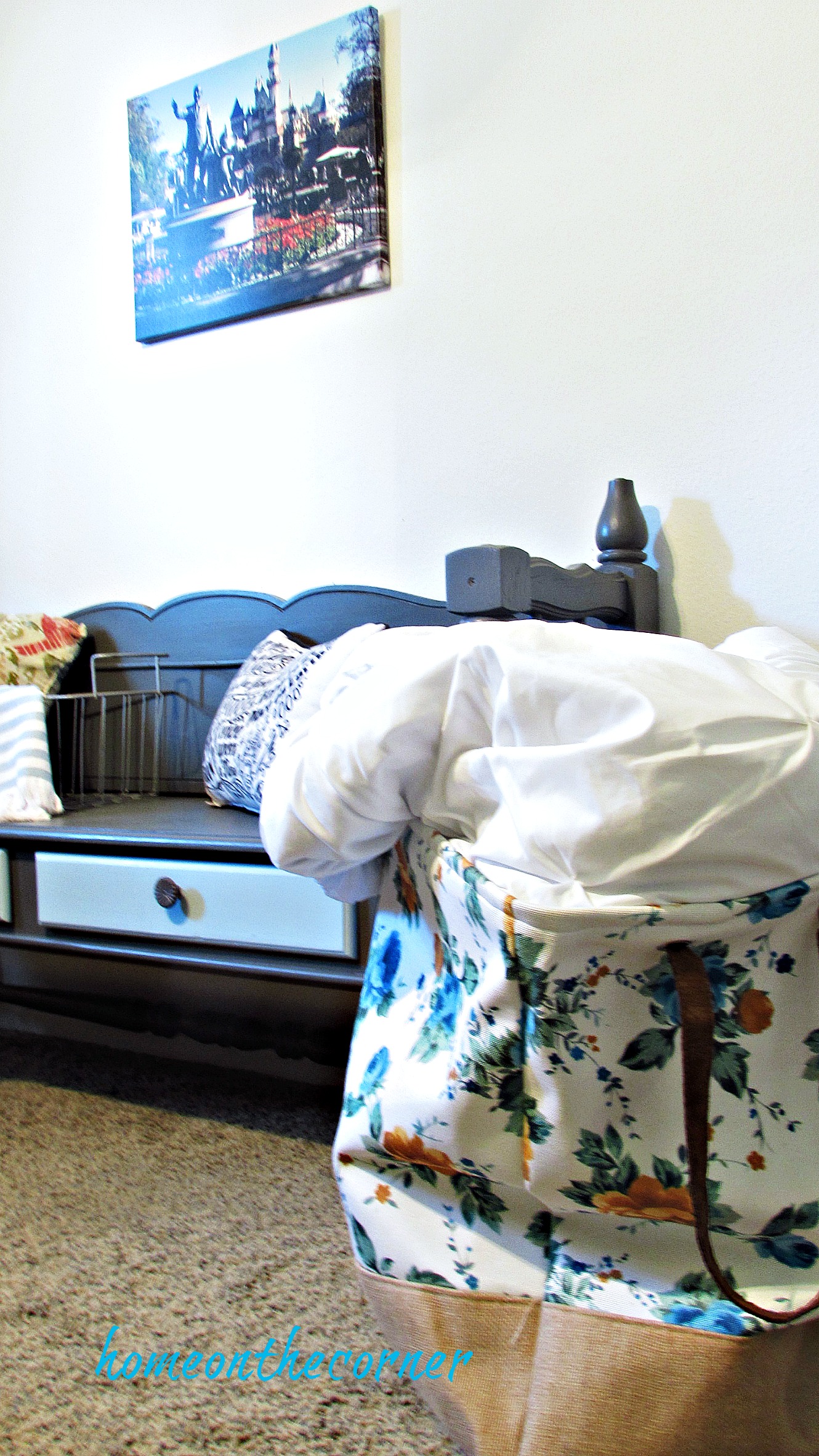 Guest Room Makeover Blue and Yellow Floral Basket