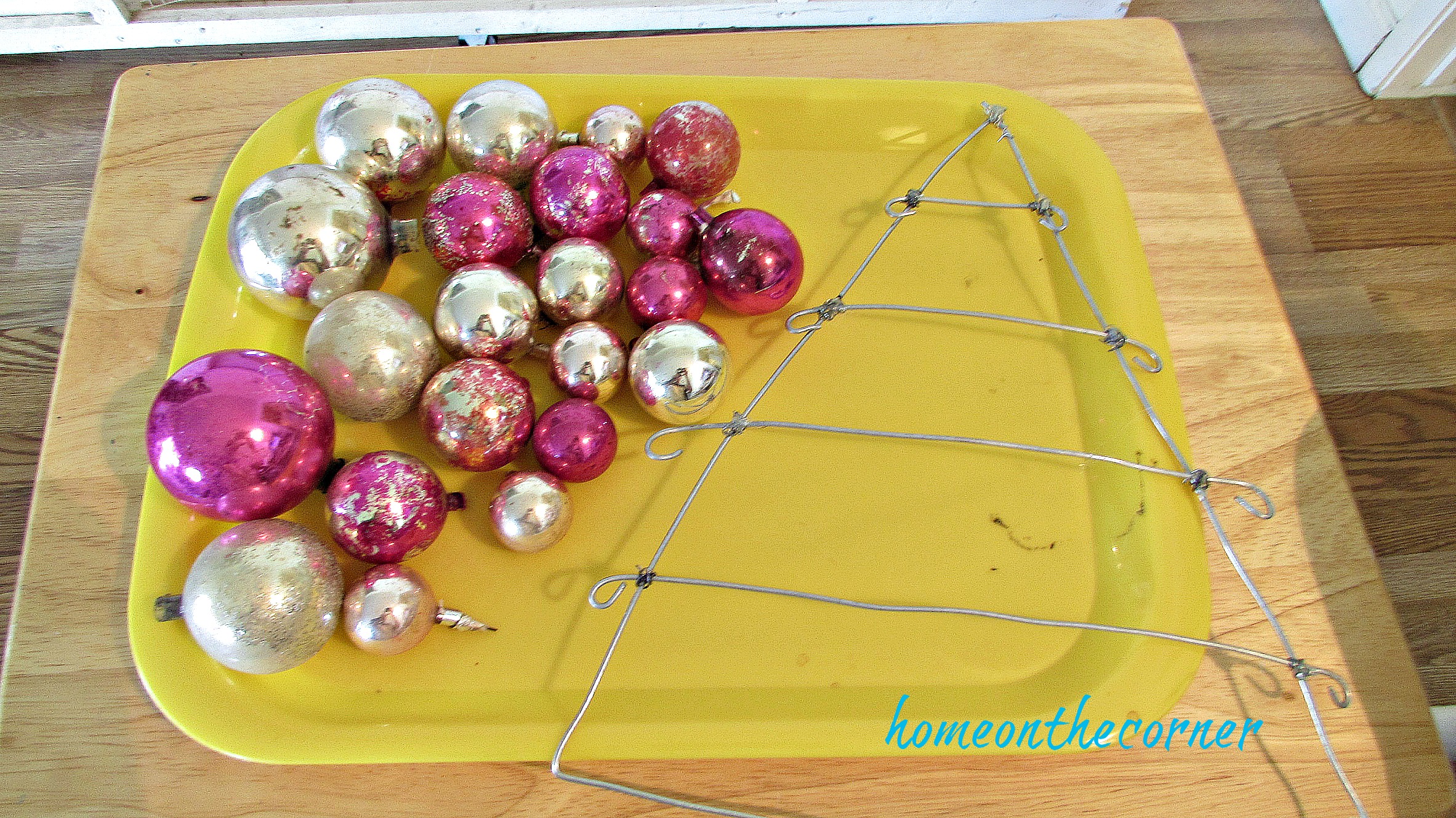 pink christmas ornament wire tree and vintage ornaments