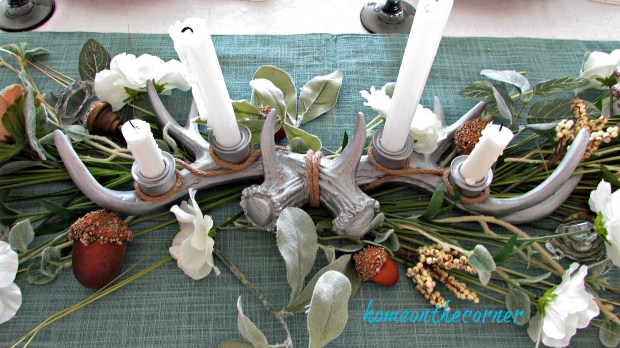 early fall dining room antlers candles flowers, acorns