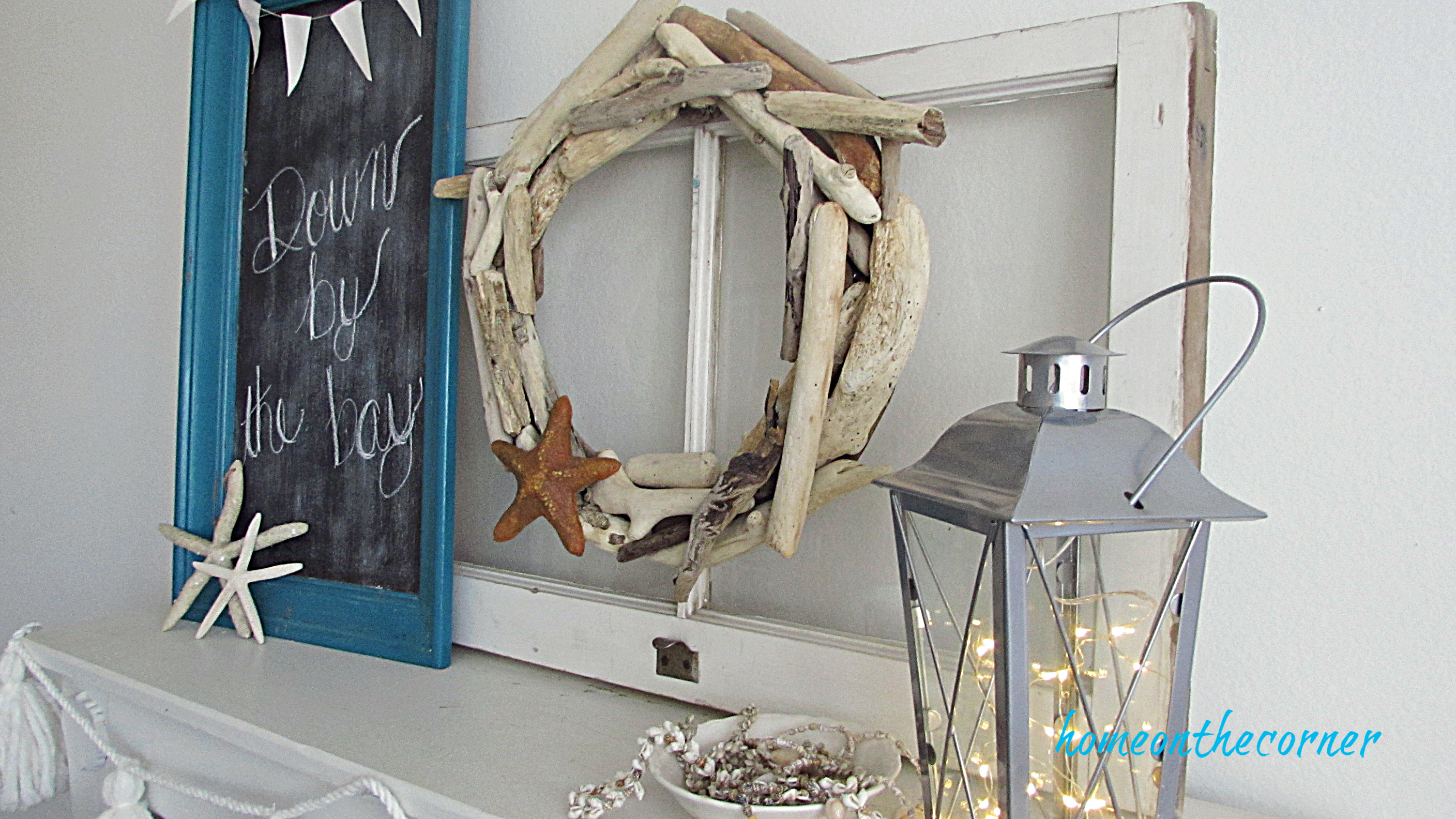 driftwood wreath old window mantle