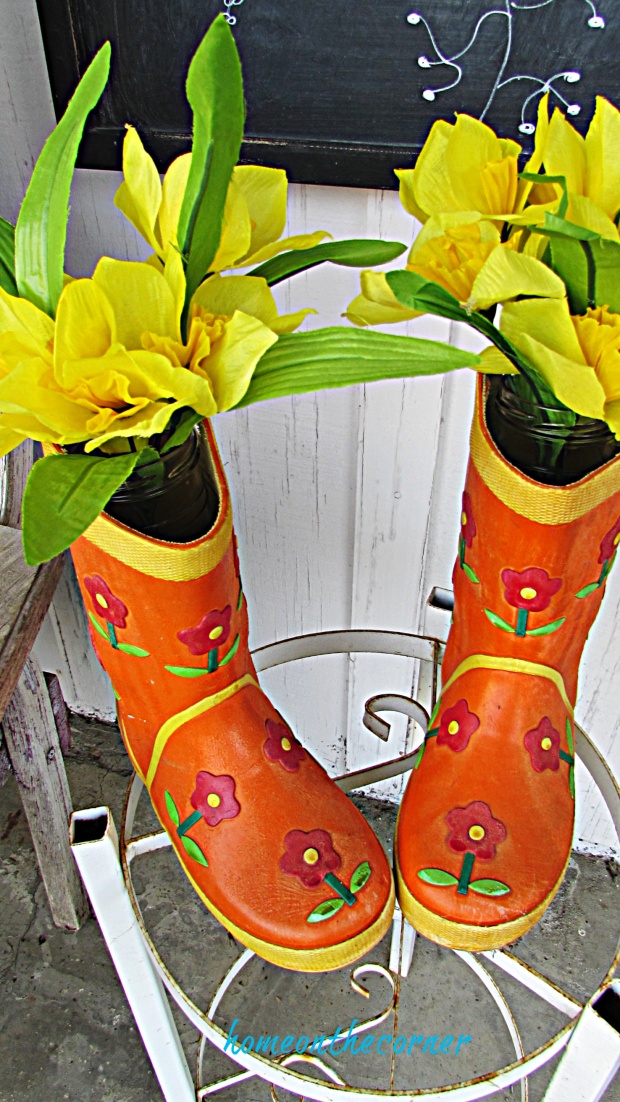 spring porch childs rain boots with flowers
