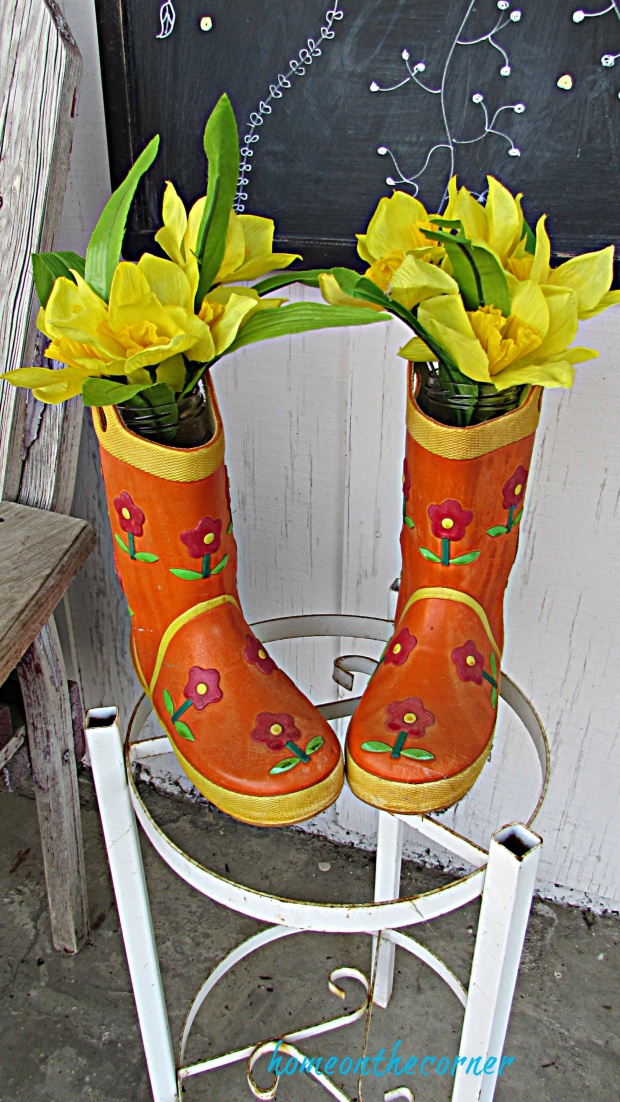 spring porch rainboots with daffodils