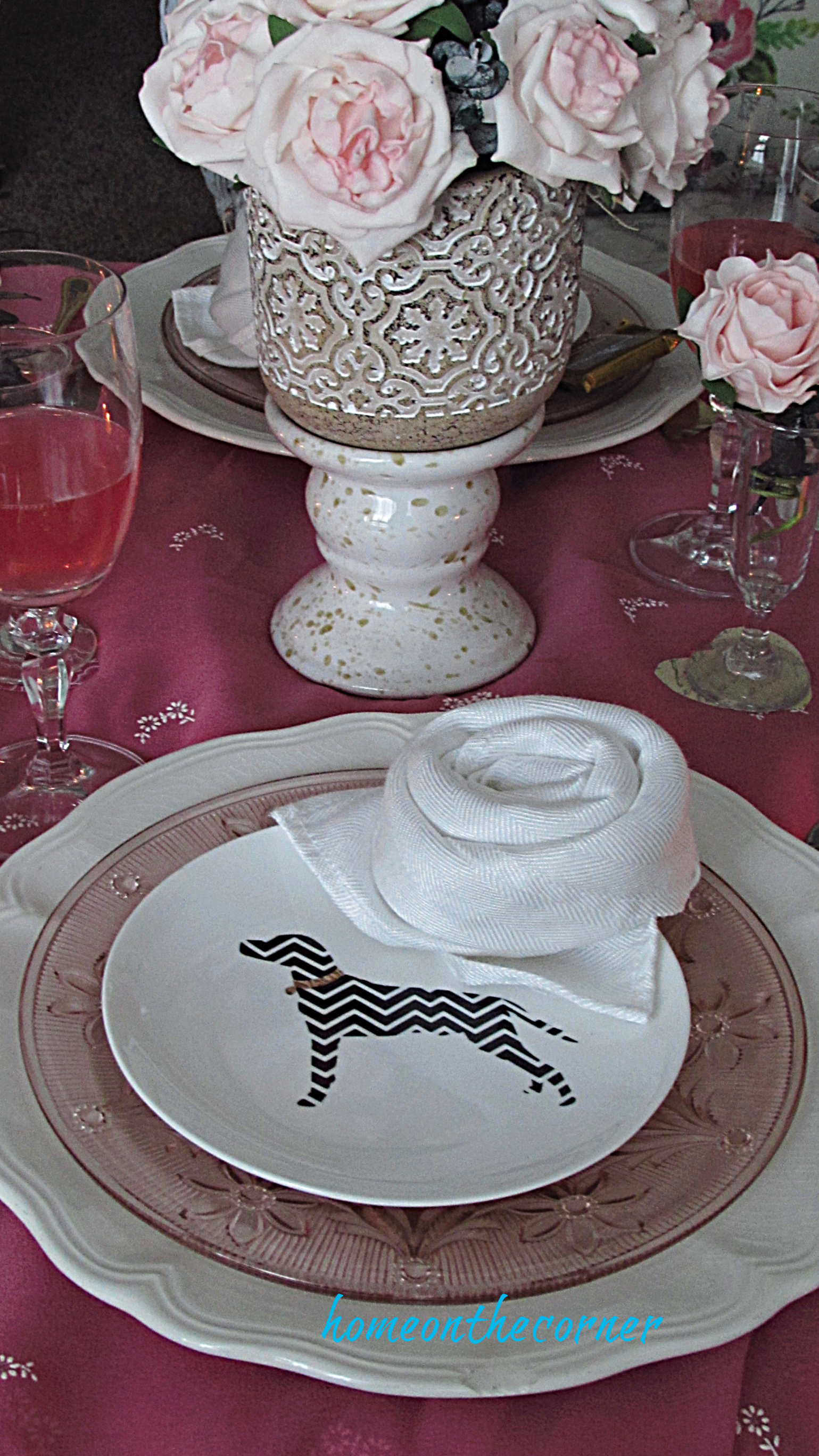 valentine tablescape dog plate rose napkin
